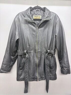 Women's Gray Leather Zip Jacket with Waist Tie